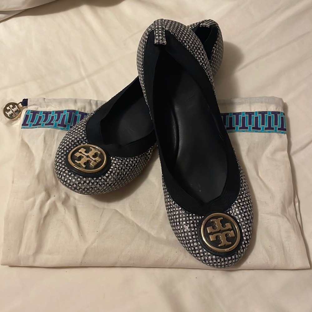 Used Tory Burch black and white checkered ballet flats
